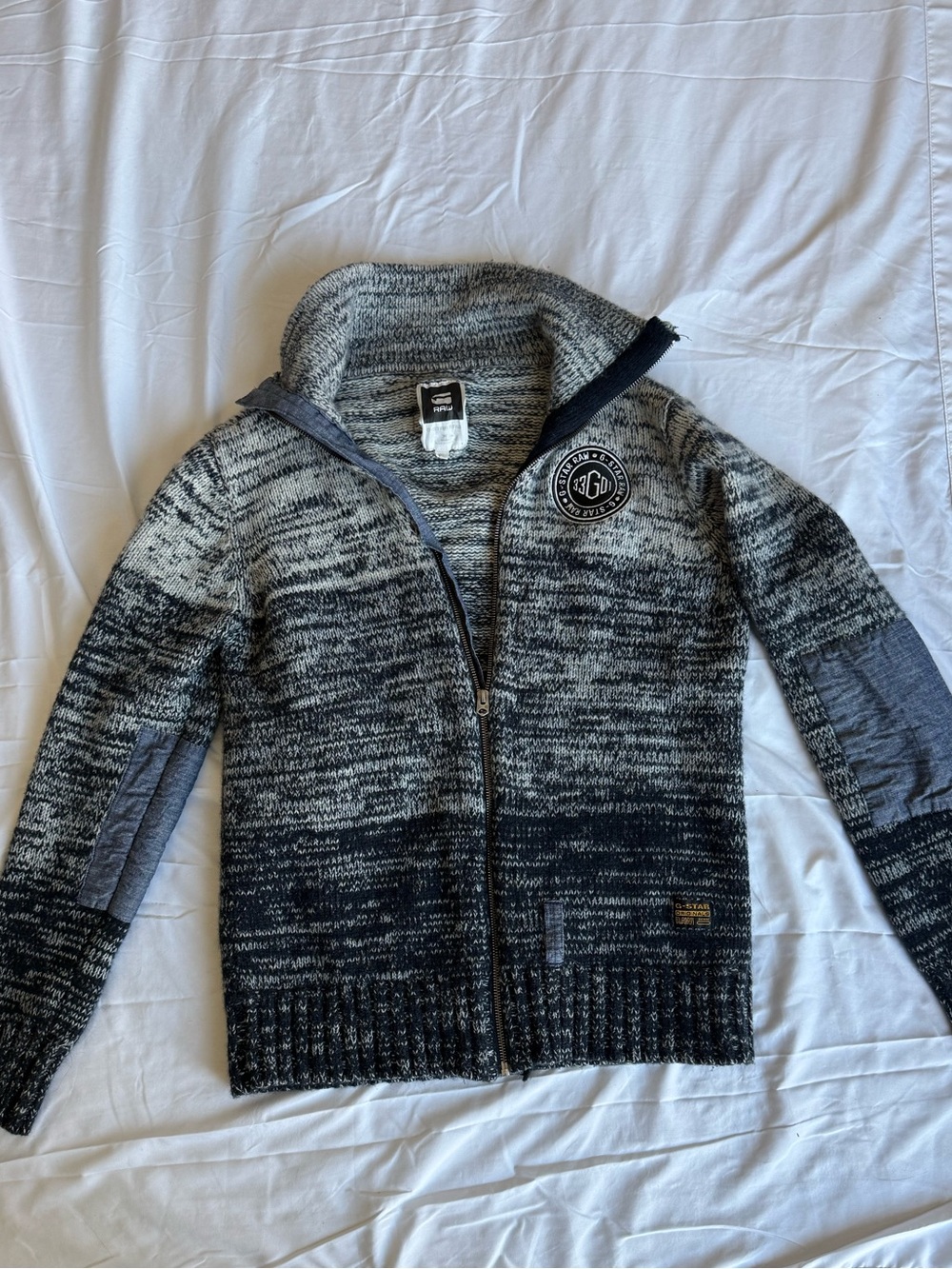 G-Star Raw Men’s XL Grey Ombre Wool Knit Zip Cardigan Elbow Patch